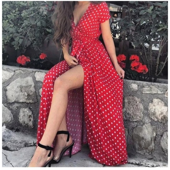 NWT Bohemian Polka Dot Maxi Split Dress S:S-Med - Picture 6 of 14